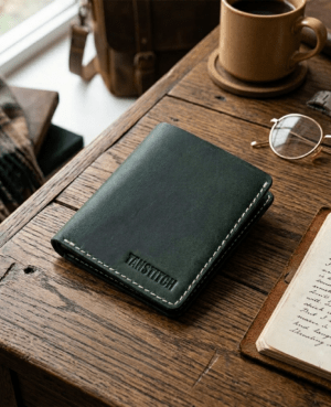 TANSTITCH Bifold Vertical Wallet | Full Grain Leather | Slim Profile – Dark Green
